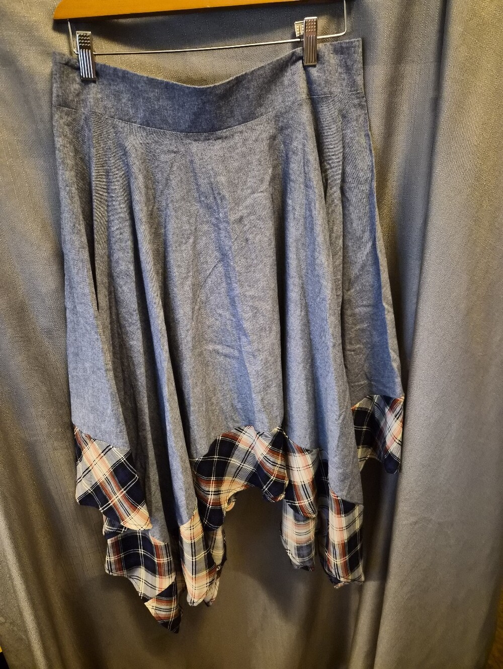 ODDY Blue Asymmetric Hem Skirt with Plaid Trim Large